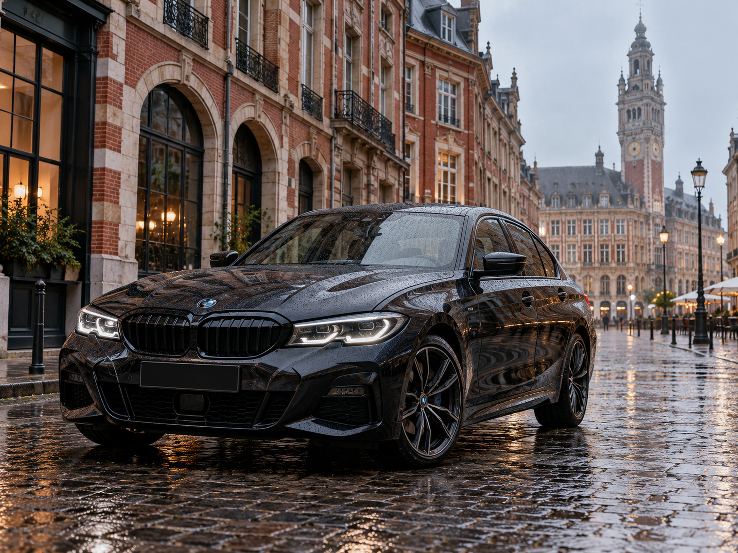 Voiture sombre devant une façade de briques rouges lilloises, pluie légère